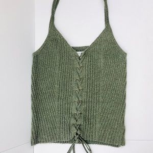 AMERICAN EAGLE OUTFITTERS — LACE UP, KNIT, CROP TANK TOP, FOREST/OLIVE GREEN, XS